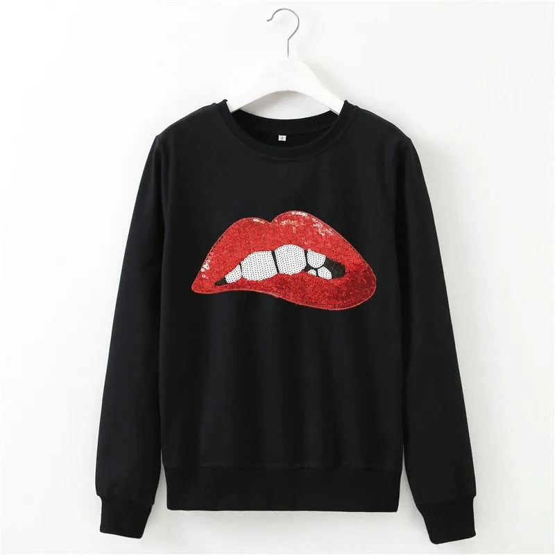 Женский свитшот с блестками милый длинным рукавом красными губами белым черным