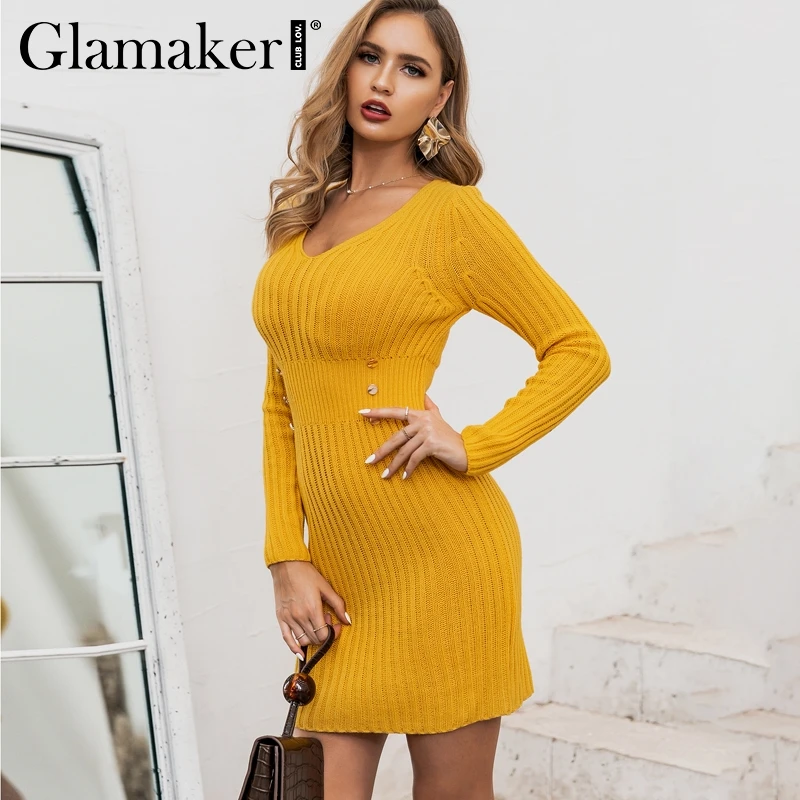 Glamaker вязаное желтое сексуальное короткое платье свитер женское элегантное