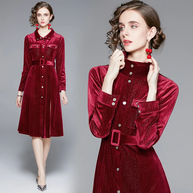 

Lady New Fashion Winter Party Dress 2021 Women's Stand Collar Retro Velvet Long Sleeve Elegant Single-Breasted Dress Vestidos