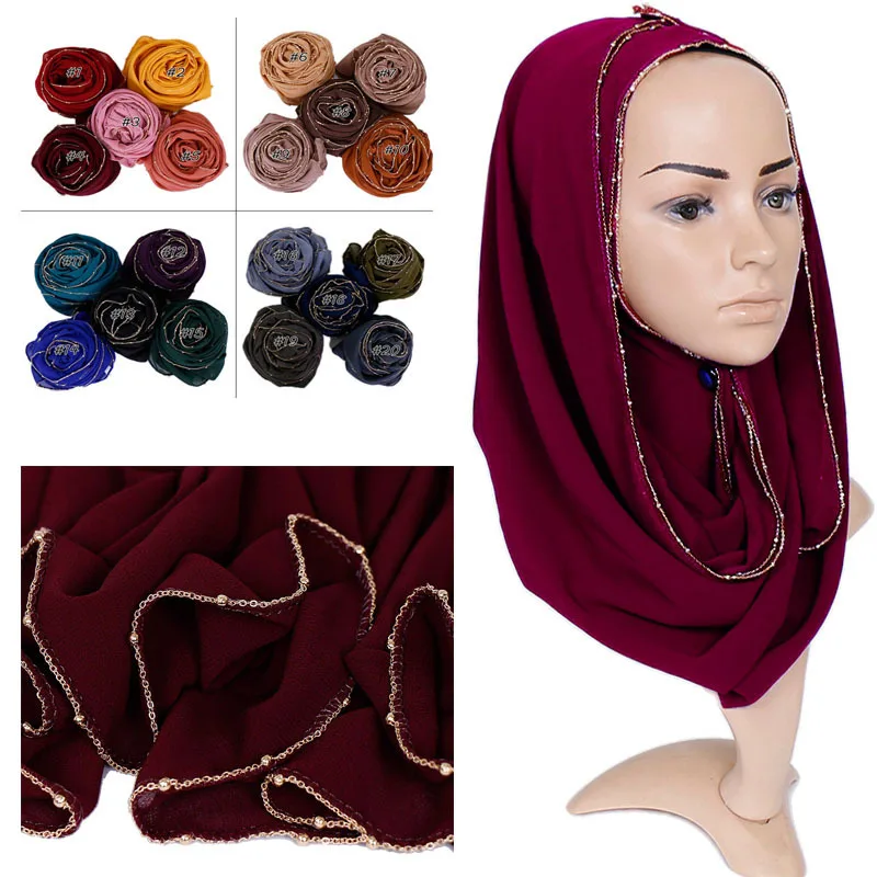 Жемчужная шифоновая цепочка монохромный шарф Оптовая этнический женский хиджаб