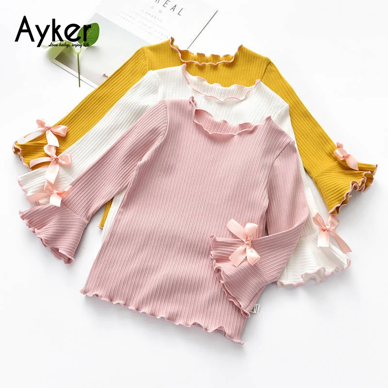 2019 осенние топы для девочек с бантом футболка длинным рукавом детская нижняя