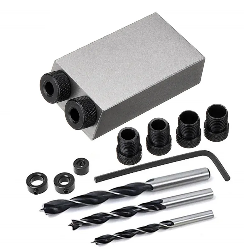 

14pcs/set 15 Degree Pocket Hole Drilling Jig Kit Angle Oblique Hole Drill Guide Set Positioning Locator Tool - Gray color