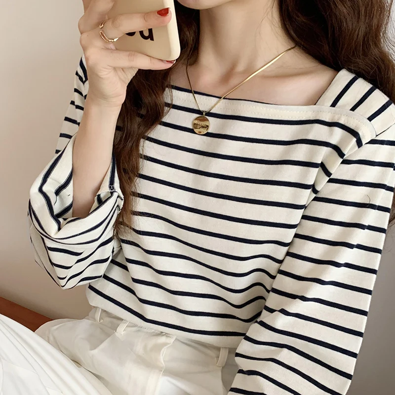 

Женская хлопковая футболка в полоску, с квадратным вырезом и длинным рукавом