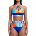 Африканский комплект бикини с высокой талией, женский купальник из 2 предметов с вырезами и Индийским народным принтом 2021, пляжный купальный костюм с лямкой через шею