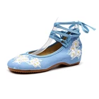 Женские парусиновые балетки на плоской подошве, с цветочной вышивкой и ремешком на щиколотке