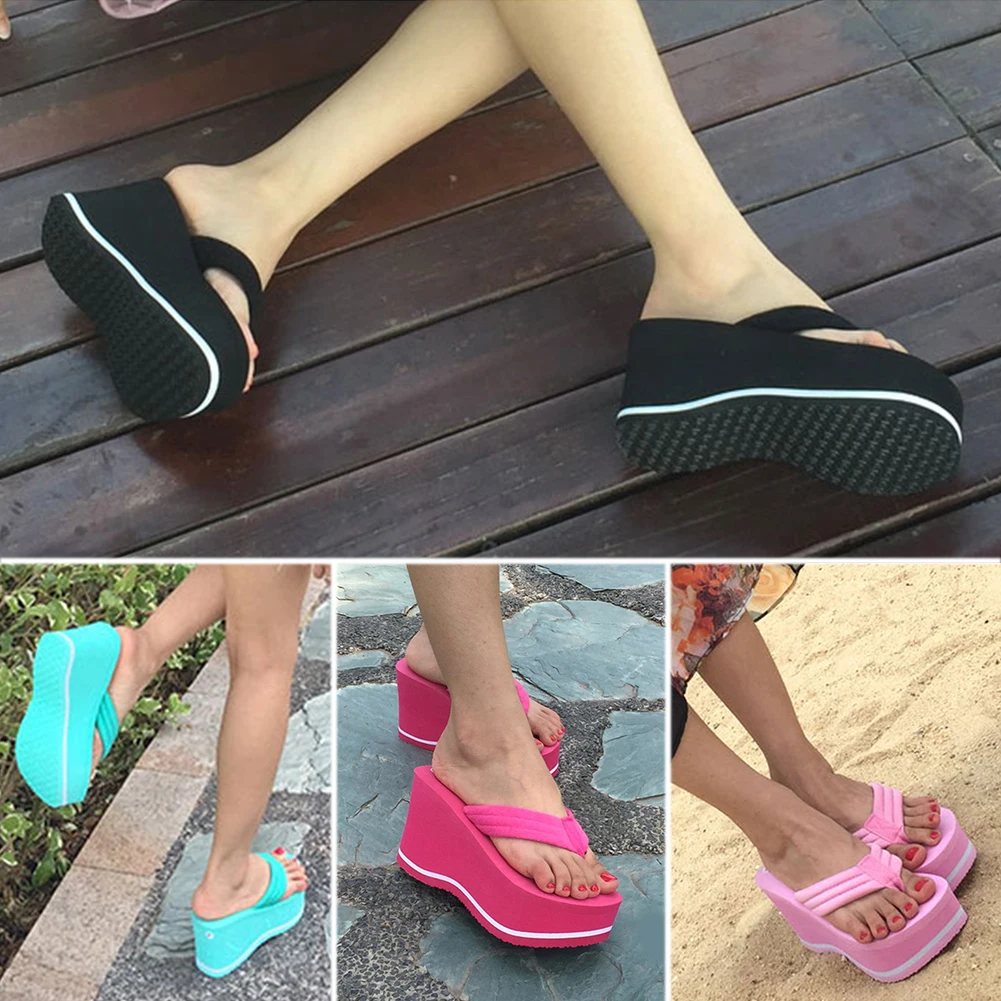 

New Women's Platform Flip Flops Black Wedges Sandals High Heels Skidproof Casual Beach Slippers