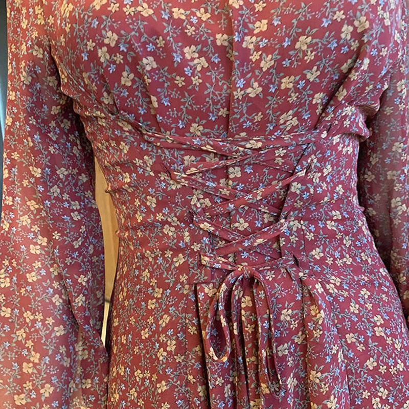 Женское винтажное платье на завязках вечерние ничное миди с цветочным принтом и