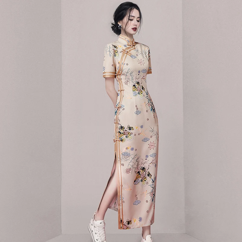 Vintage Improved Cheongsam Print Dress 2022 Summer Casual Elegant Fashion Chic Female Vestidos Robe Mujer