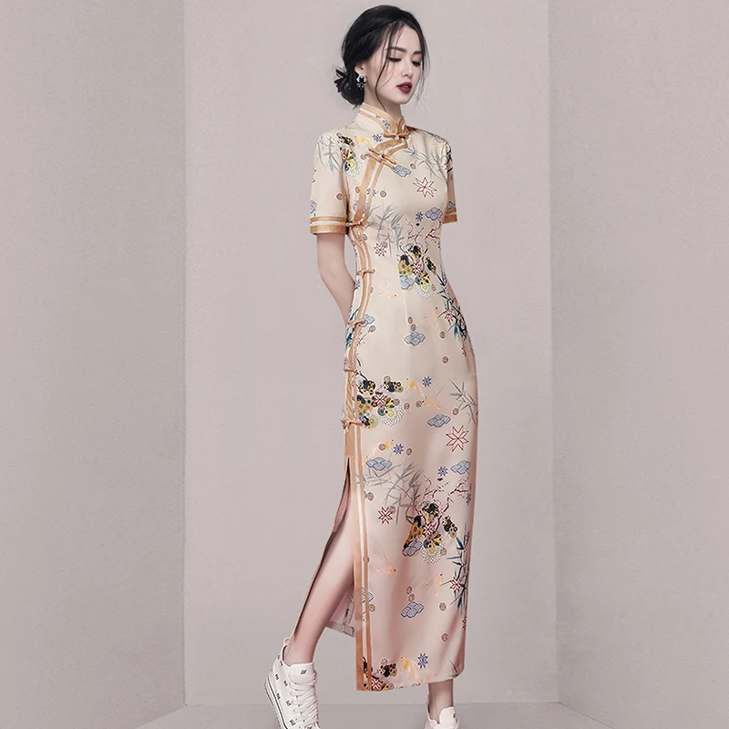 

Vintage Improved Cheongsam Print Dress 2022 Summer Casual Elegant Fashion Chic Female Vestidos Robe Mujer