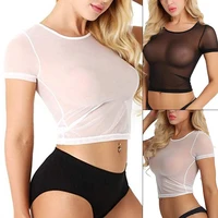 Summer Women Sheer Top Sexy Mesh Transparent T-shirt Solid Color Tight Aesthetic See Through Ladies Temptation Elastic Soft Tops 6