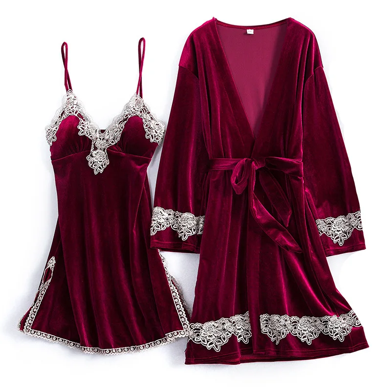 

Burgundy Velvet Nighty&robe Set Sexy Lace Lady Nightgown 2PCS Sleepwear Casual Bathrobe Gown Intimate Lingerie Autumn Homewear