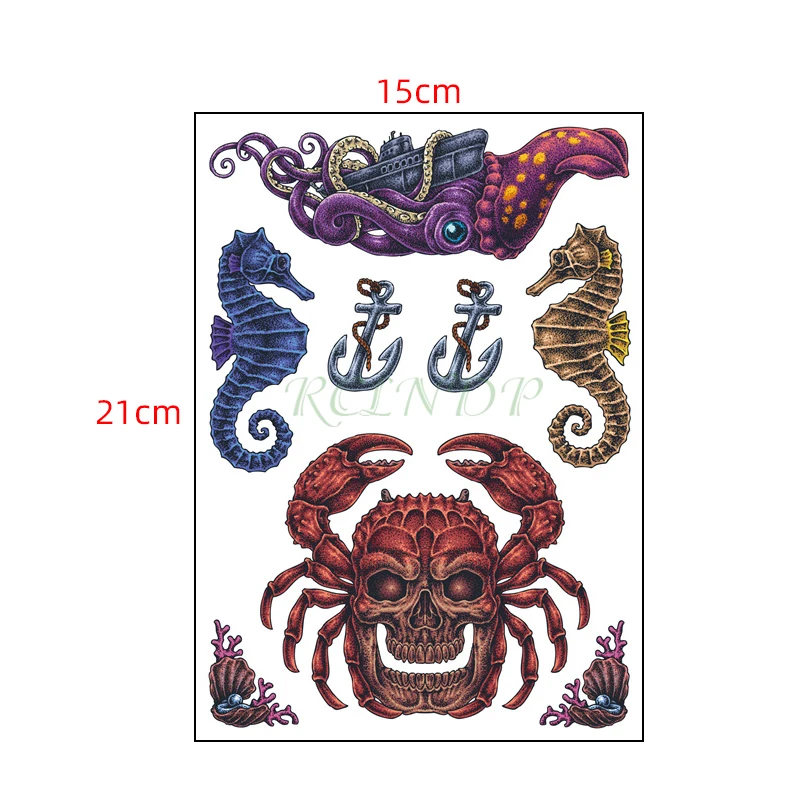 Waterproof Temporary Tattoo Sticker Octopus Boat Seahorse Skull Crab Anchor Shell Flash Tatoo Fake Tatto Art for Men Women | Красота и