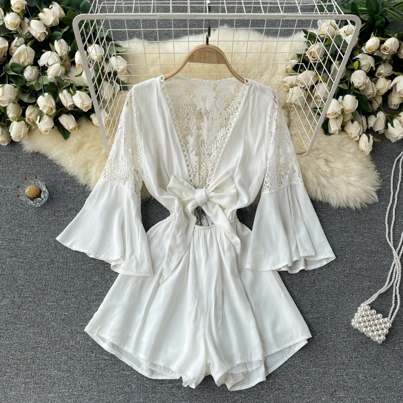 

Casual Holiday Style V-neck Flare Sleeves Lace Patchwork Chiffon Jumpsuit Short Wide Leg Women Playsuits
