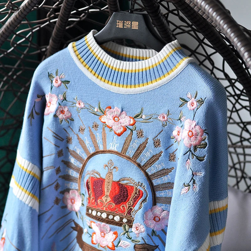 Runway Luxury Winter Knitting Pullovers Women's High Quality Floral Crown Embroidery Casual Loose Blue Sweater C-127 | Женская