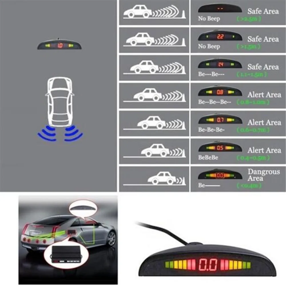 4 Parking Sensors Kit Universal Car Sensor Reversing Radar Distance Detection Digital Display Monitor System 12V | Автомобили и