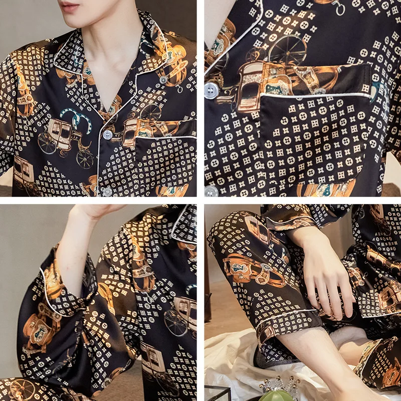 

Couple Pajama Sets Silk Ice Silk Cardigan Sleepwear Set Women Fashion Women's Home Clothes Mens Long-Sleeve Long-Pants Print Set