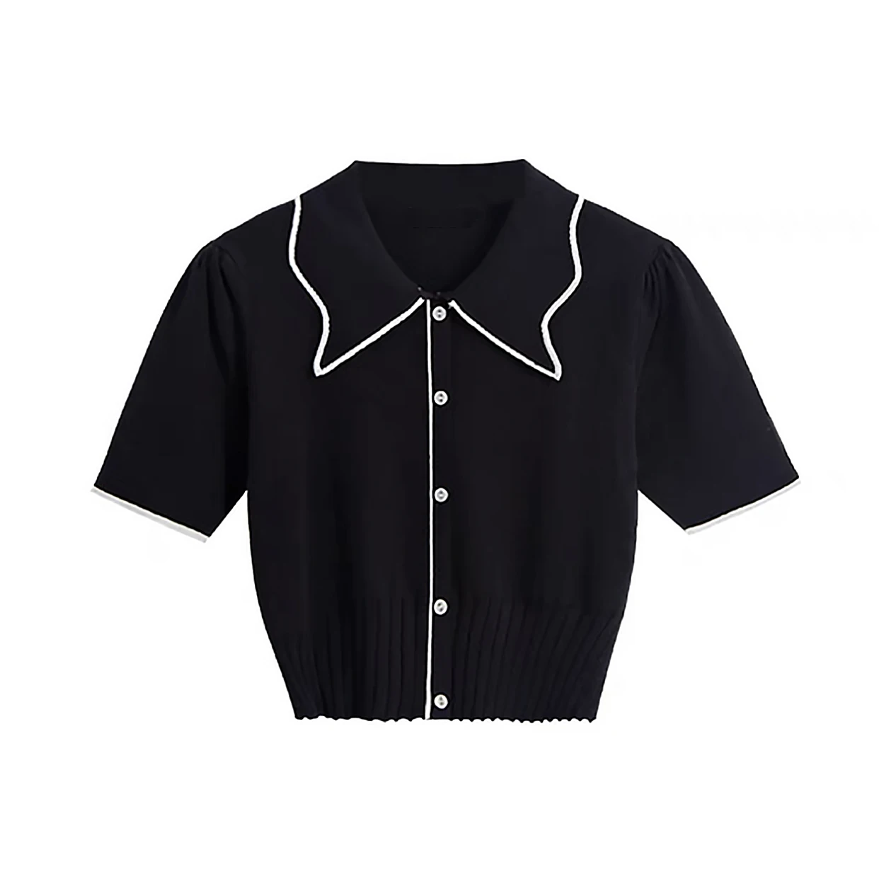 

Doll collar ice silk t-shirt women white summer thin French knitted short-sleeve bubble sleeves chic design top