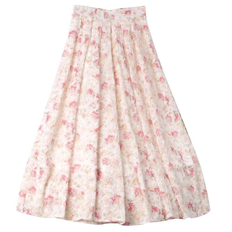 

Floral Print Pleated A-line Casual Long Skirts Summer Women Vintage Embroidery Slim Skirt Streetwear New Elegant Midi Skirt
