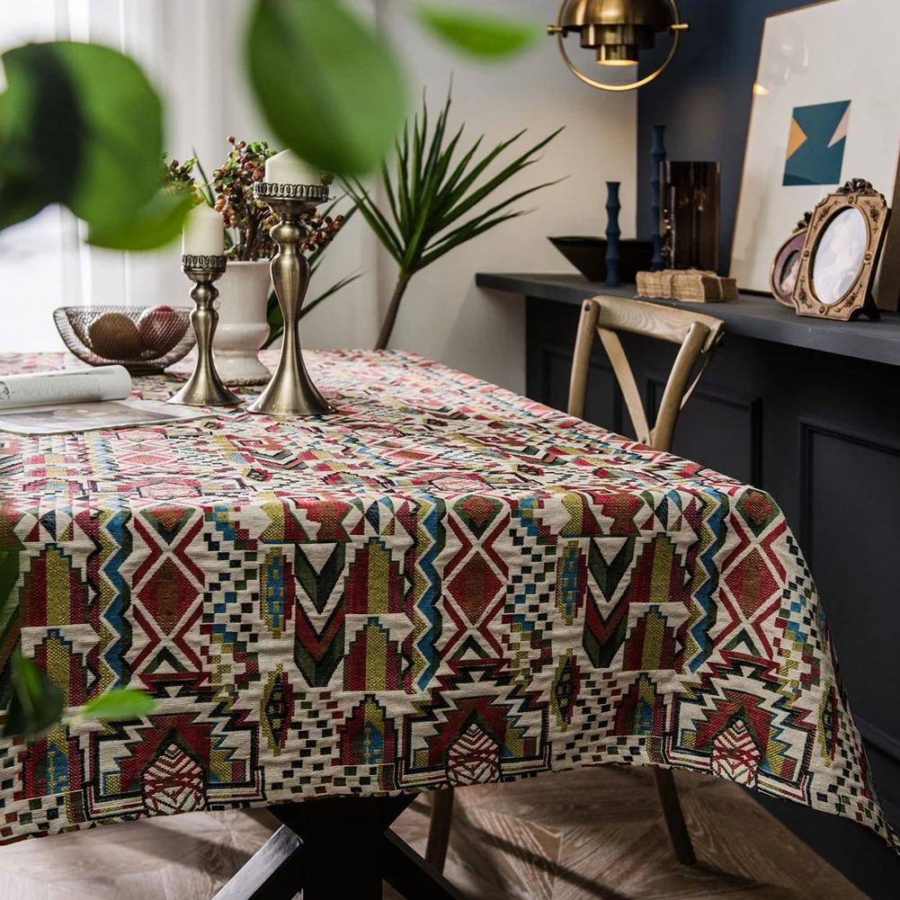 Прямоугольная скатерть из хлопка и льна Пыленепроницаемая Этническая для кухни