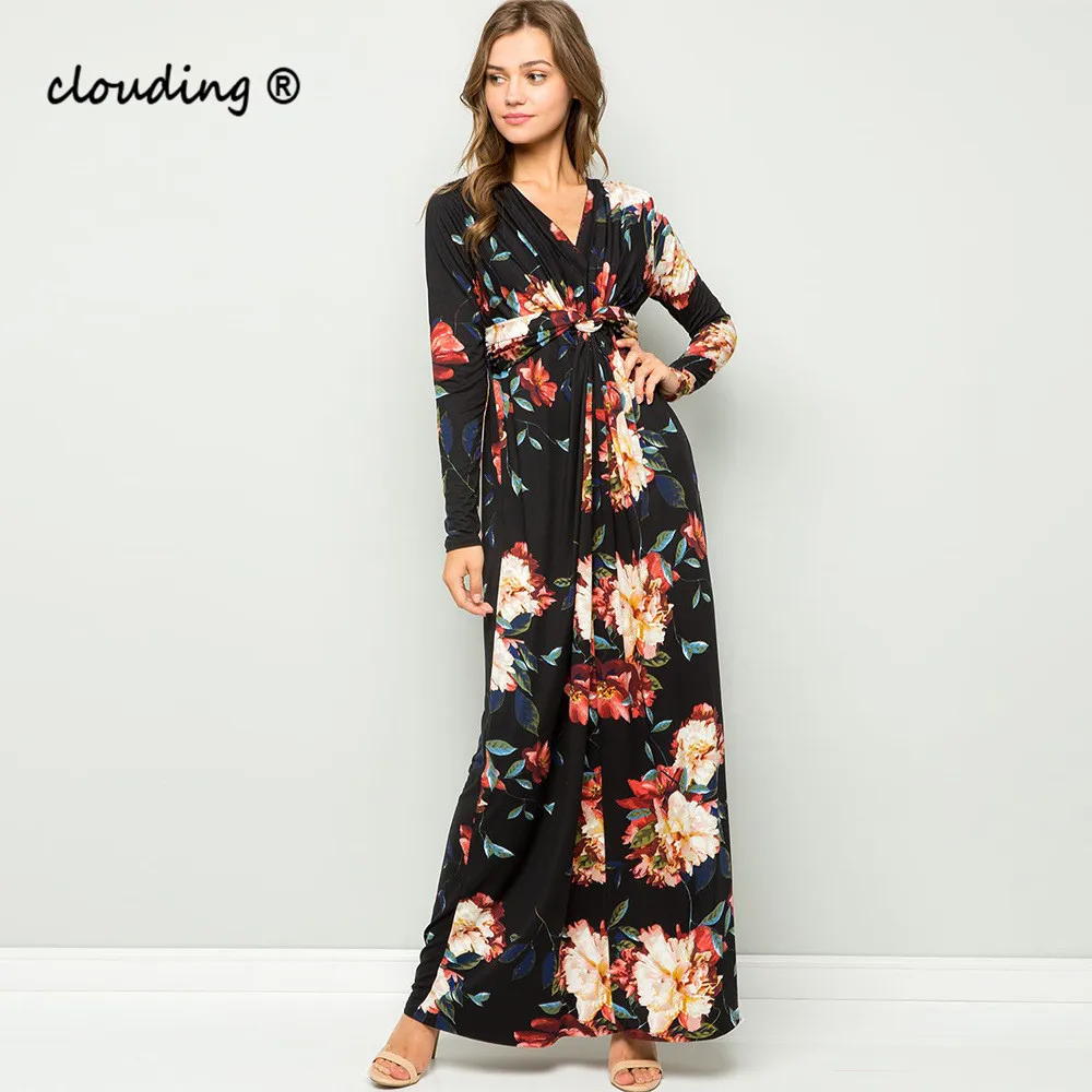 Женское длинное платье с поясом элегантное богемное длинным рукавом и цветочным