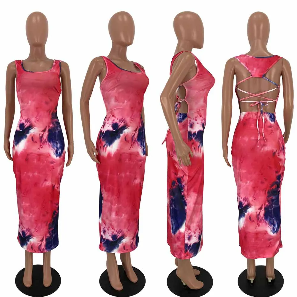 

Women summer tie-dye print dress low-cut vest back strap sexy dress 2020 fashion hot women's wear