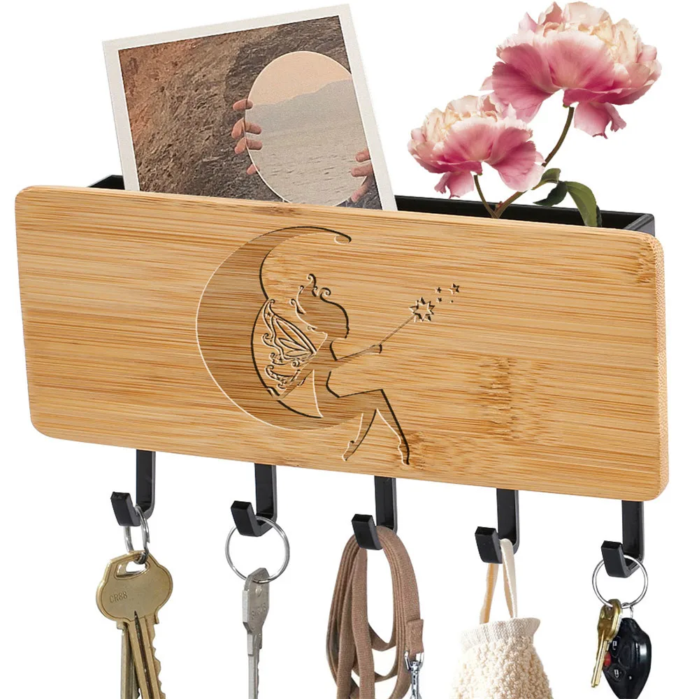 

Lovely Fairy Girl Engraved Bamboo Key Holders Hook Rack Saving Space Home Decor Storage Wall-Mounted Hanging Holders