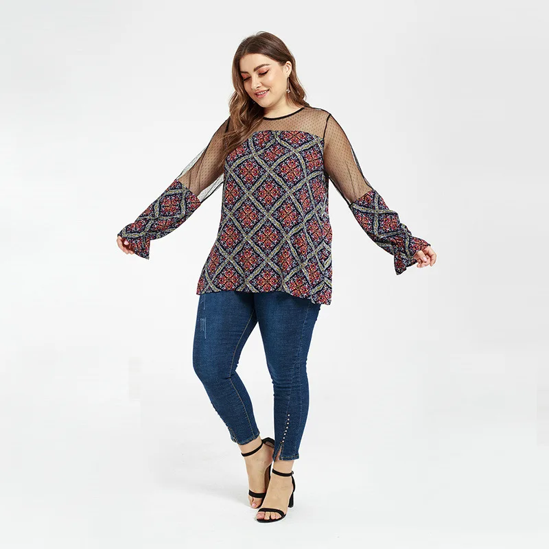 

Linglewei New Spring and Summer Women's Shirt Plus Size Lace Patchwork Print Street trendsetter shirt