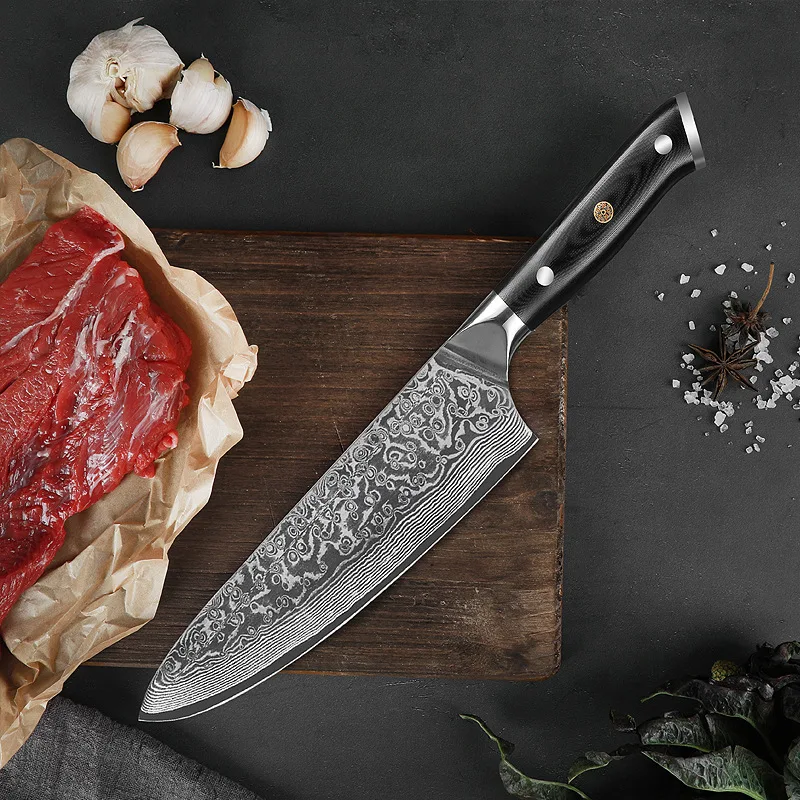 

Cross-border Damascus steel knife 8 inch chef knife sharp pattern sliced knife cutting knife VG10 Western kitchen knife