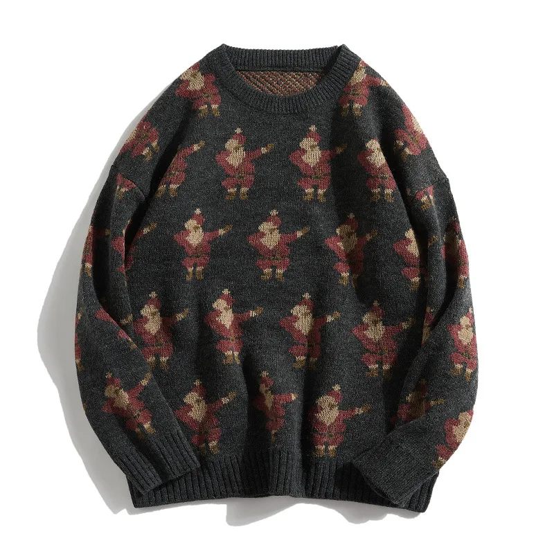 Свитер мужской с круглым вырезом толстый свободный свитер в стиле ретро принтом