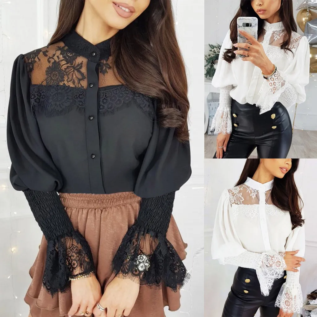 Женская кружевная блузка с длинным рукавом однотонная прозрачная воротником