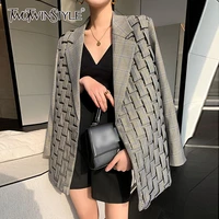 twotwinstyle casual plaid blazer for women notched long sleeve korean ruched loose blazers female fashion new clothing 2021