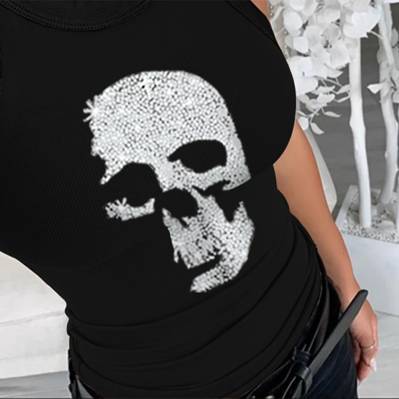 

Women Sping Summer Sleeveless Cami Top Corset Shirt Slim Knit Ribbed Racerback Blouses Skull Pattern Studded Black Tank Tops
