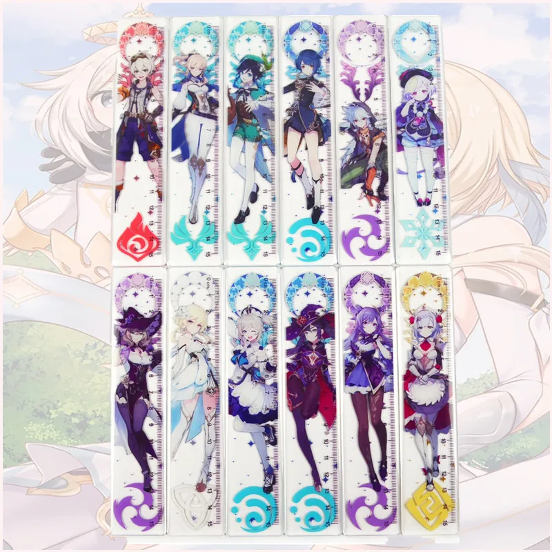 

Anime Genshin Impact Key Chains Child Toy Figure Model Traveler Figure Qiqi Cosplay Keychain Student Stationery Ruler Keyring