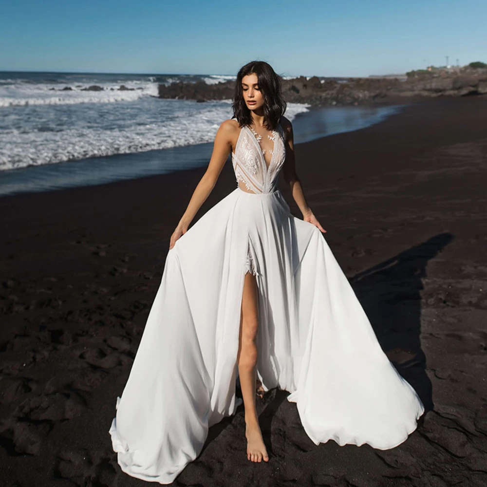 

A-Line Beach Chiffon Wedding Dresses V-Neck Front Slit Sleeveless Lace Applique Zipper Back Bridal Gowns 2021 Vestidos De Noivas