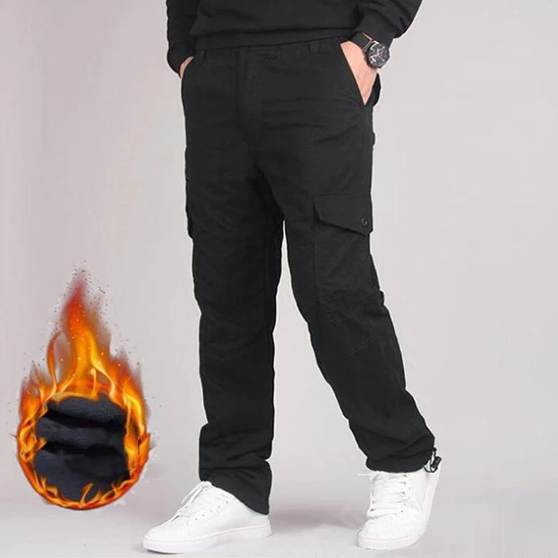 Брюки мужские зимние с флисовой подкладкой хлопковые прямые свободные штаны