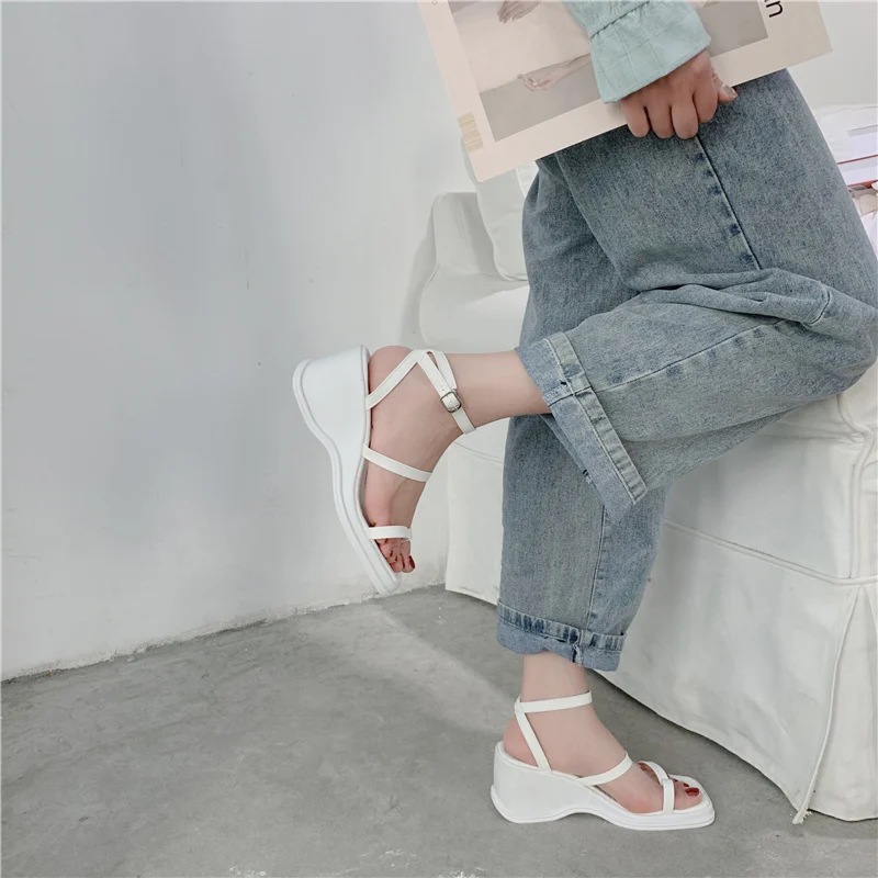

High Heel Sandal for Women Shoes Lady 2021 Flip Flops Platform All-Match Clogs Wedge Square Toe Suit Female Beige High-heeled Fa