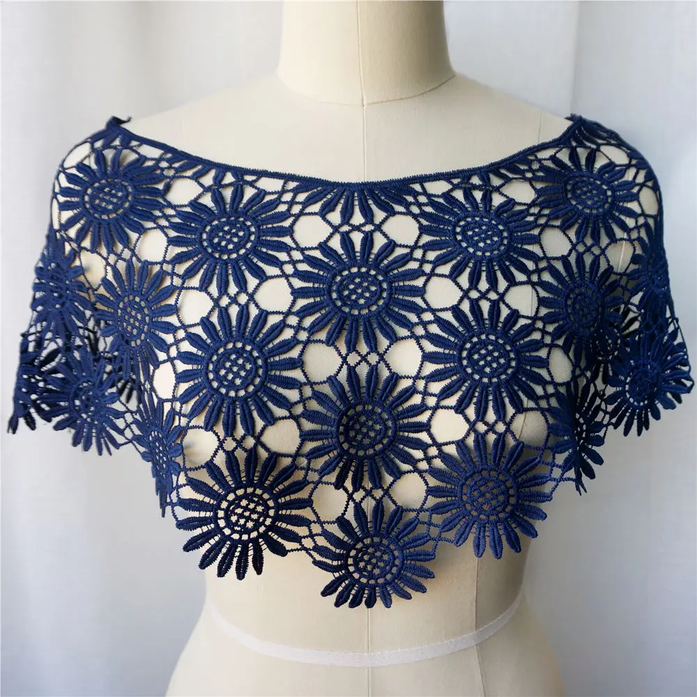 Воротник из цельной ткани темно-синего цвета вышитая Цветочная ажурная