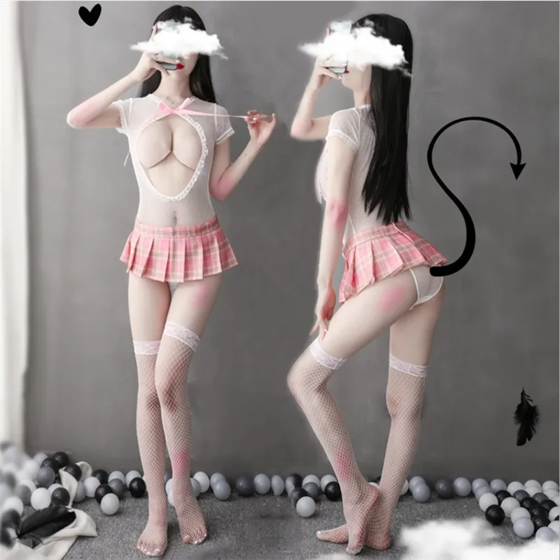Сексуальная Женская Косплей кавайная Студенческая сетчатая пряжа с открытой