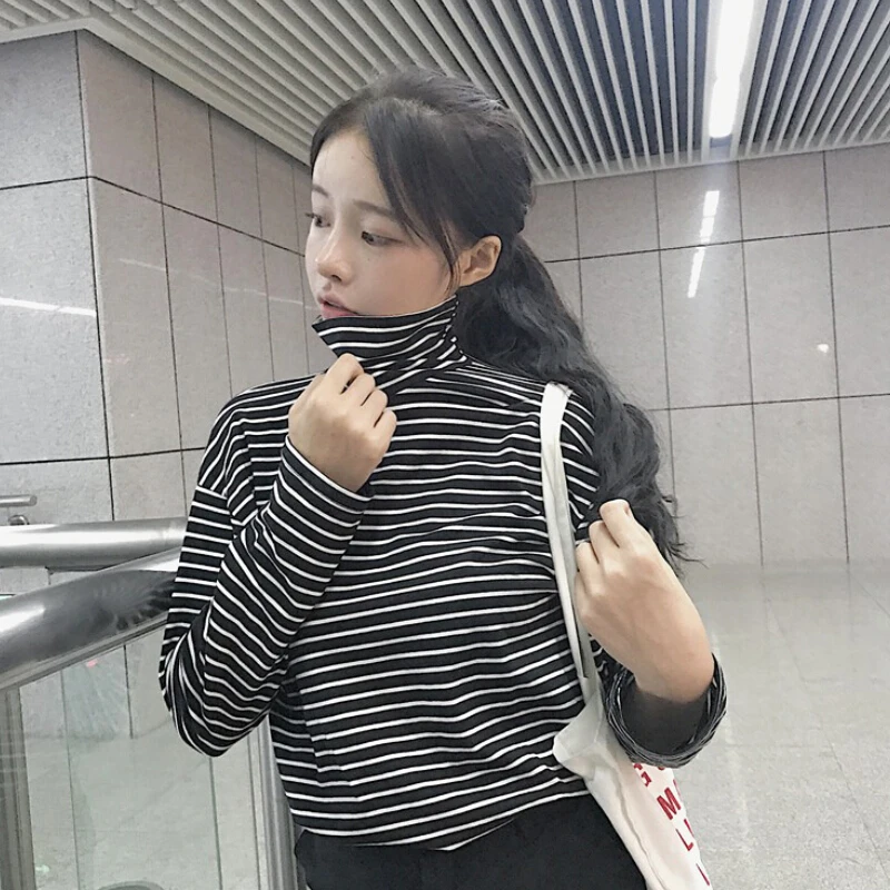 Black White Striped Long Sleeve Tshirts Women Loose T-shirt Fashion Korean Style School Students Females | Женская одежда