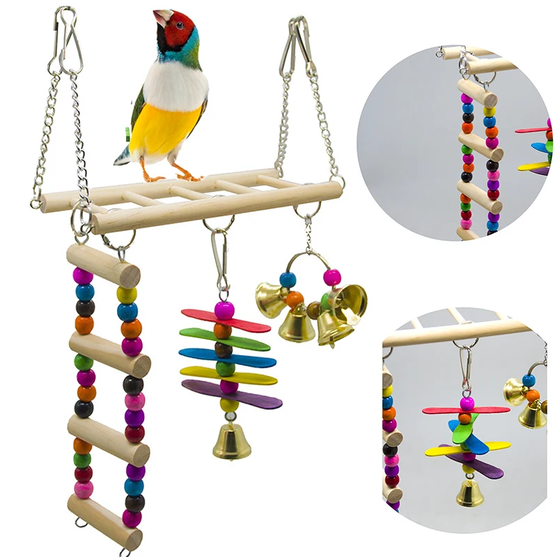 

Wooden Bird Parrot Swing Ladder Toys Hanging Bird Chewing Climbing Stand Perch with Bell Playground Colorful Bite Blocks