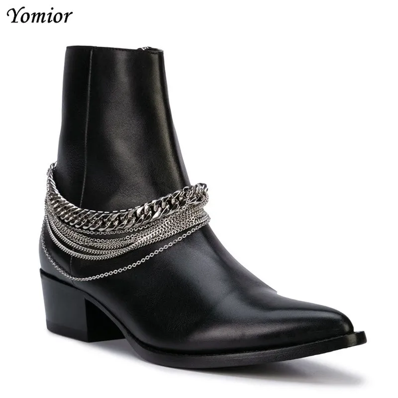 Black Cow Leather Yomior/Весенняя Мужская обувь ручной работы из коровьей кожи в винтажном стиле; модные брендовые ботильоны с бахромой и цепочкой; высококачественные ботинки «Челси»; большие размеры - Цвет: Black Cow Leather