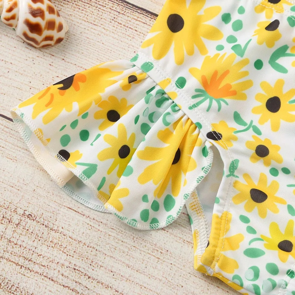 

2020 Baby Kids Girls Ruffle Sunflower Print Straps Swimsuit Tops Shorts Children's Summer Ruffle Sunflower Swimsuit Swimsuit Set