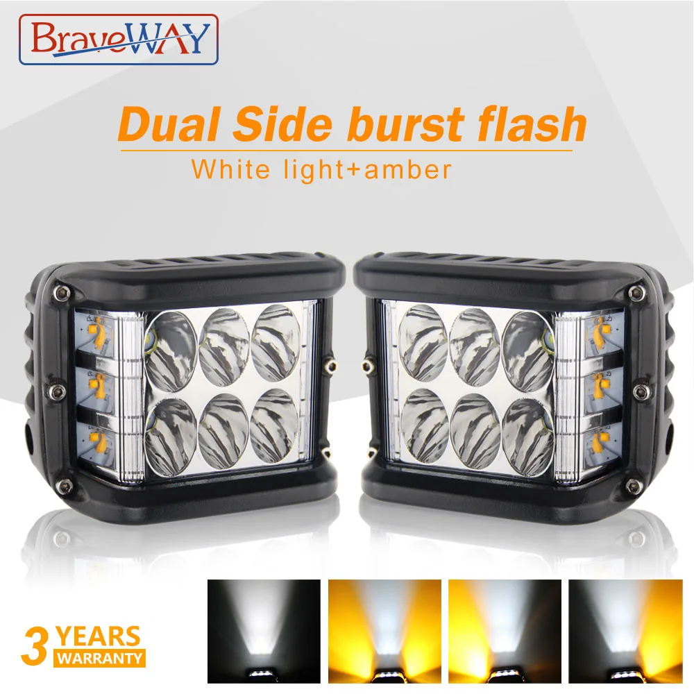 

BraveWay 4" LED Work Light Bar Cube Side Shooter Pod White & Amber Strobe Lamp SUV Truck Car Headlights Offroad 3000k 6000k