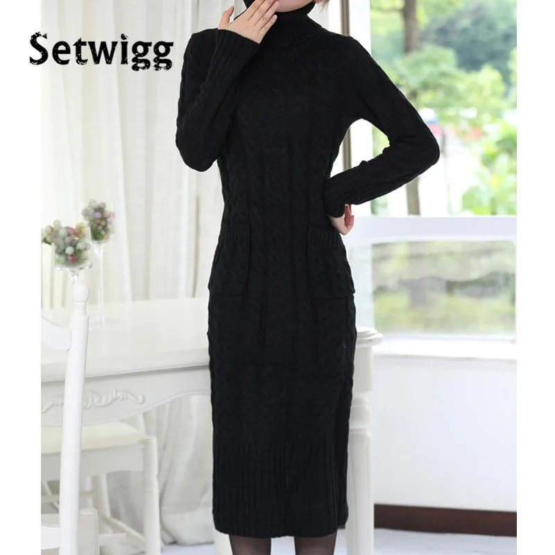 SETWIGG Korean Style Twist Knitted Long Dress Autumn Turtleneck Back Split Pockets Twisted Knit Casual Sweater | Женская одежда