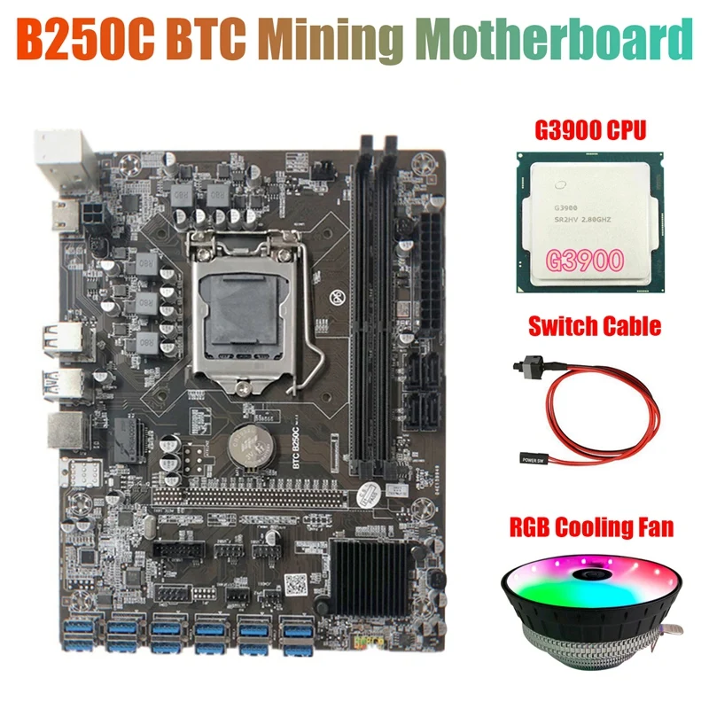 

HOT-B250C Mining материнская плата с RGB охлаждающим вентилятором + G3900 CPU + кабель переключения 12 PCIE на USB3.0 слот GPU LGA1151 поддержка DDR4 RAM