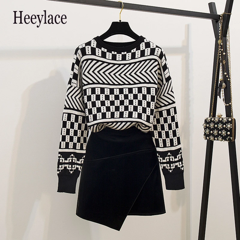 Комплект с юбкой вязаный пуловер мягкий свитер геометрическим узором блестящая