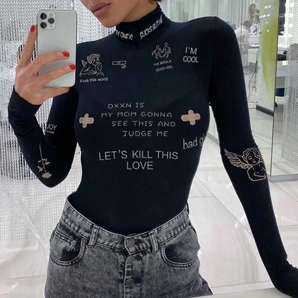 

2021 Jumpsuit Women Black Gothic Sexy Cartoon Letter Printed Skinny Elastic Overalls Rompers Causal Streetwear Fashion Goth