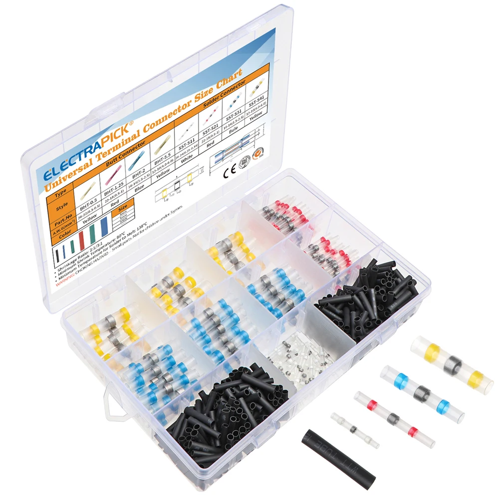 

500Pcs Solder Seal Sleeve Heat Shrink Butt Wire Connectors Waterproof Heat Shrink Butt Crimp Terminal Kit Assortment