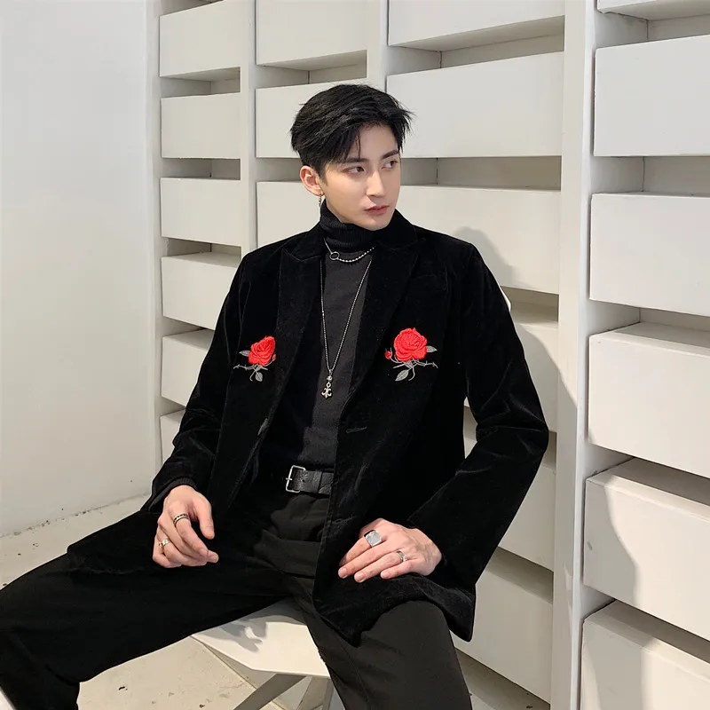 Розовый вышитый блейзер в стиле ретро мужской повседневный бархатный пиджак