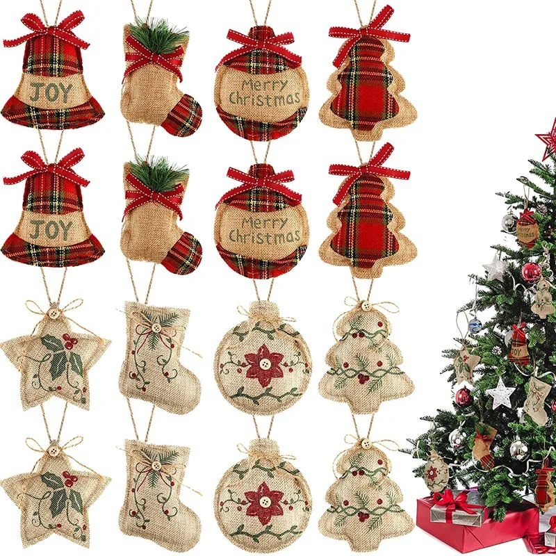 

16 Pieces Christmas Tree Stocking Hanging Decoration,Burlap Christmas Ornaments for Xmas Hanging Ornaments(8 Style)